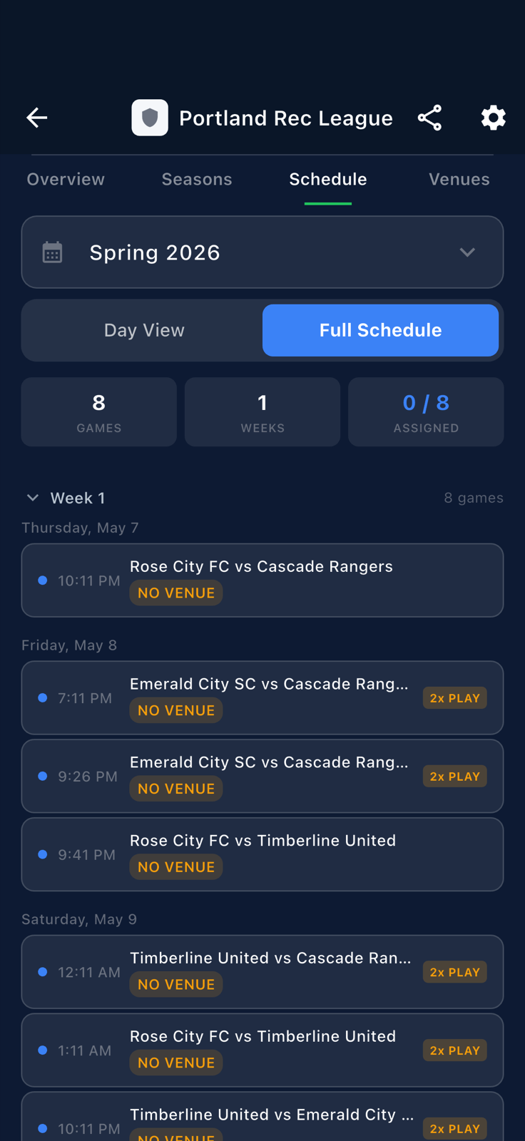 Season schedule showing 0 of 8 games assigned a field