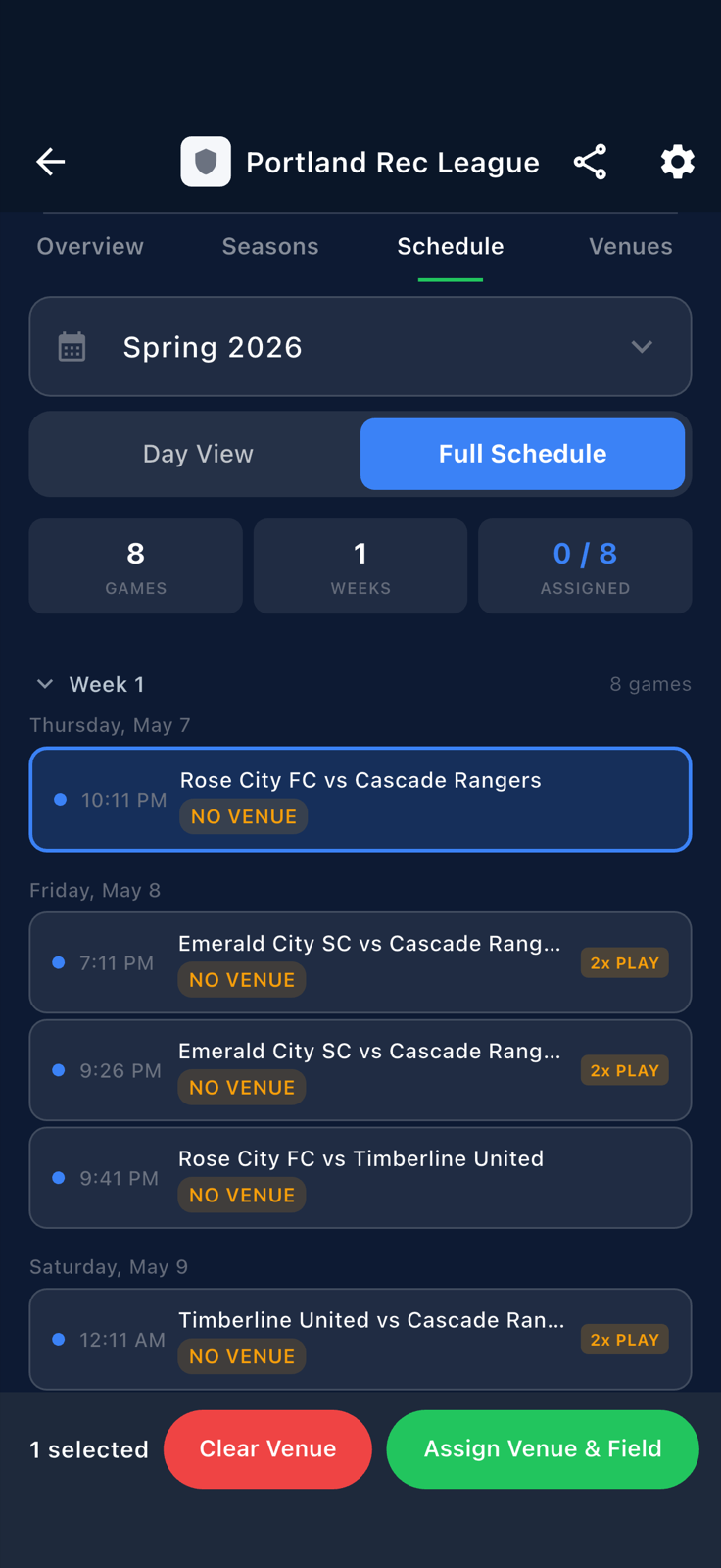 Schedule in bulk-assign mode with selection bar visible