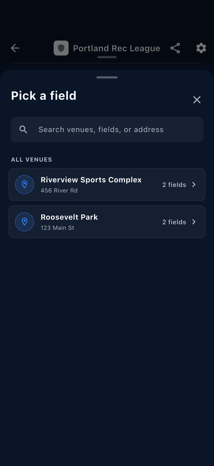 Field picker showing venues with their fields