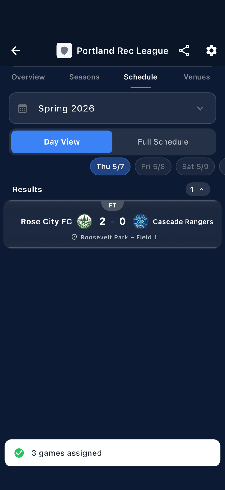 Schedule day view showing each selected game now has Roosevelt Park Field 1 assigned