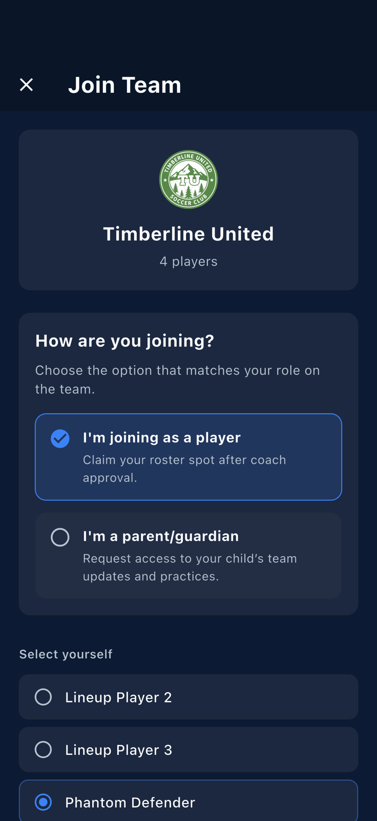 A phantom player selected with the Request Approval button enabled
