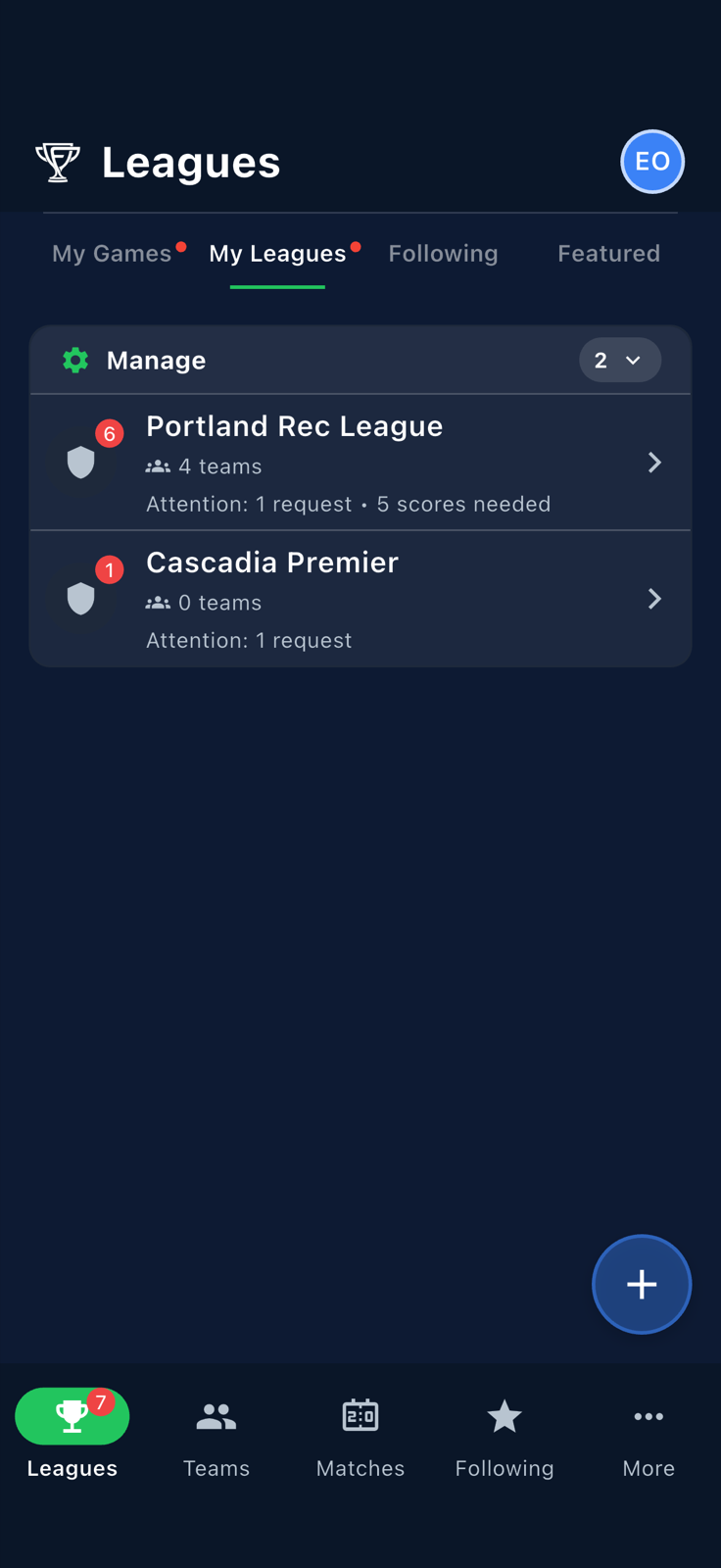 My Leagues sub-tab listing the leagues you own with the blue plus button in the lower-right