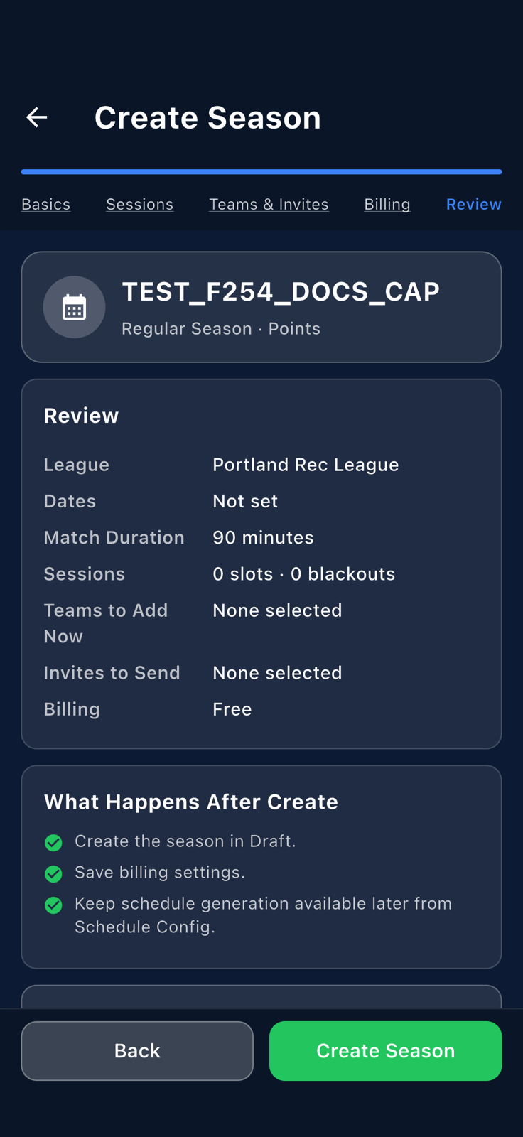 Review step of the Create Season wizard with the primary button labelled Create Season