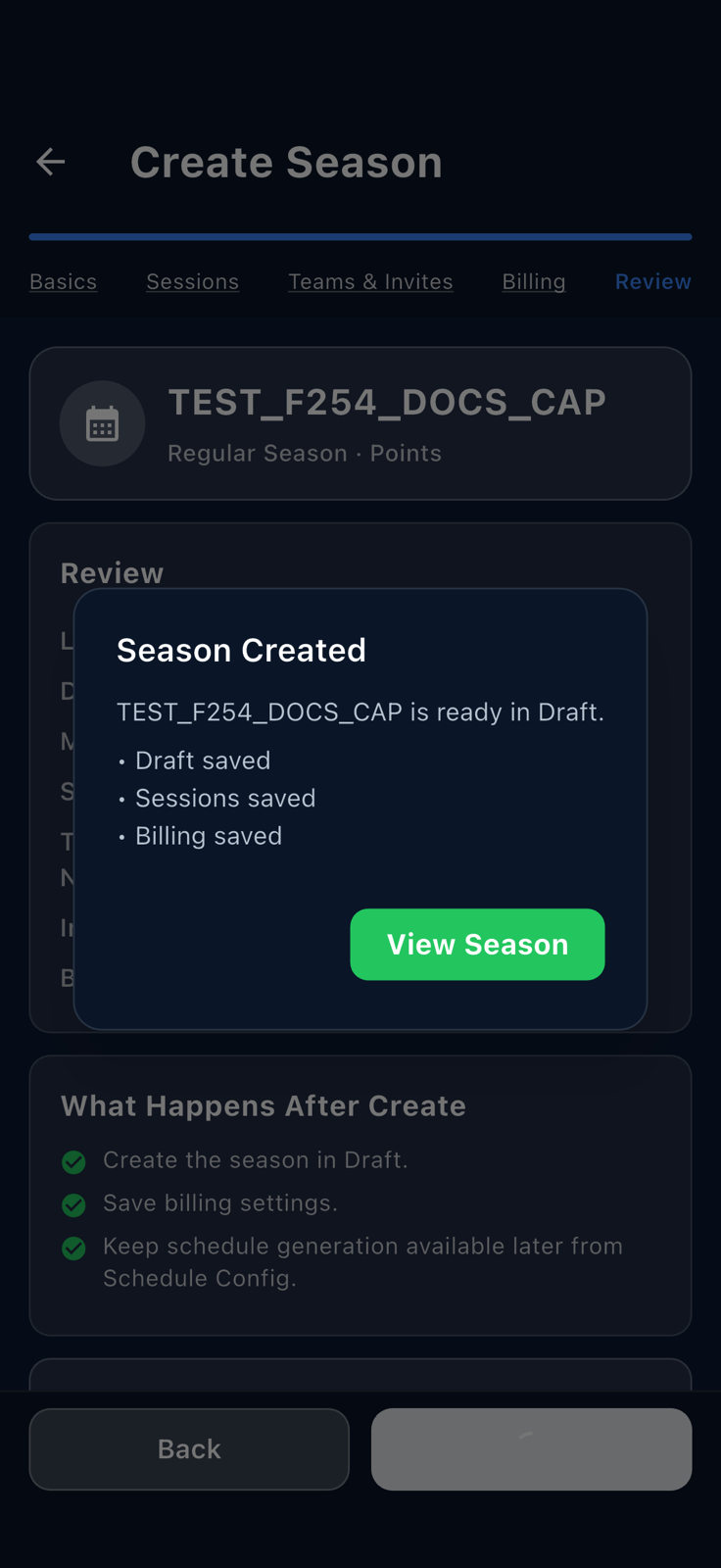Season Created confirmation dialog with the View Season call to action