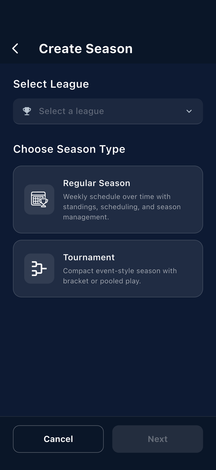 Create Season screen with the Select League and Choose Season Type sections visible