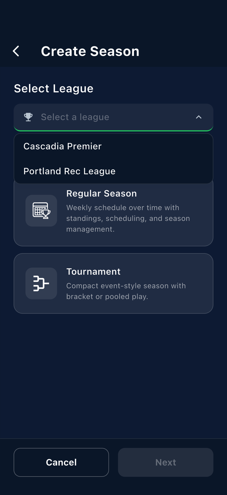 League dropdown open showing two owned leagues