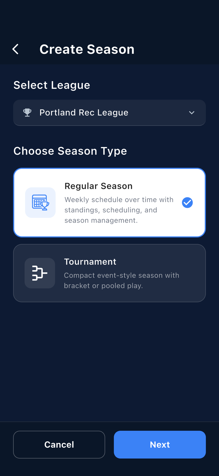 League picked and Regular Season card selected with the Next button now active