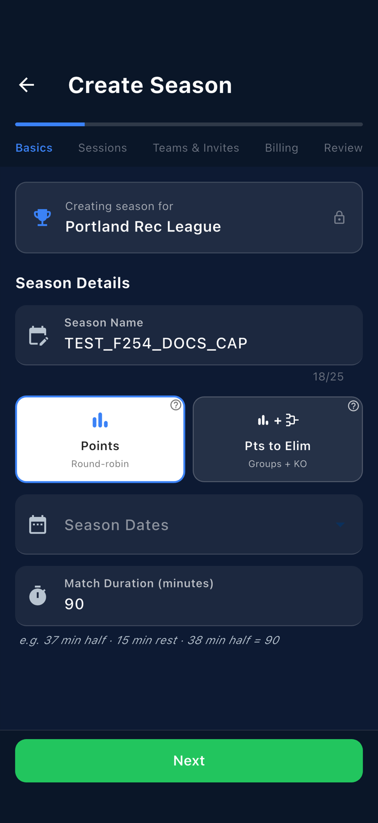 Basics step of the Create Season wizard with the Season Name field filled