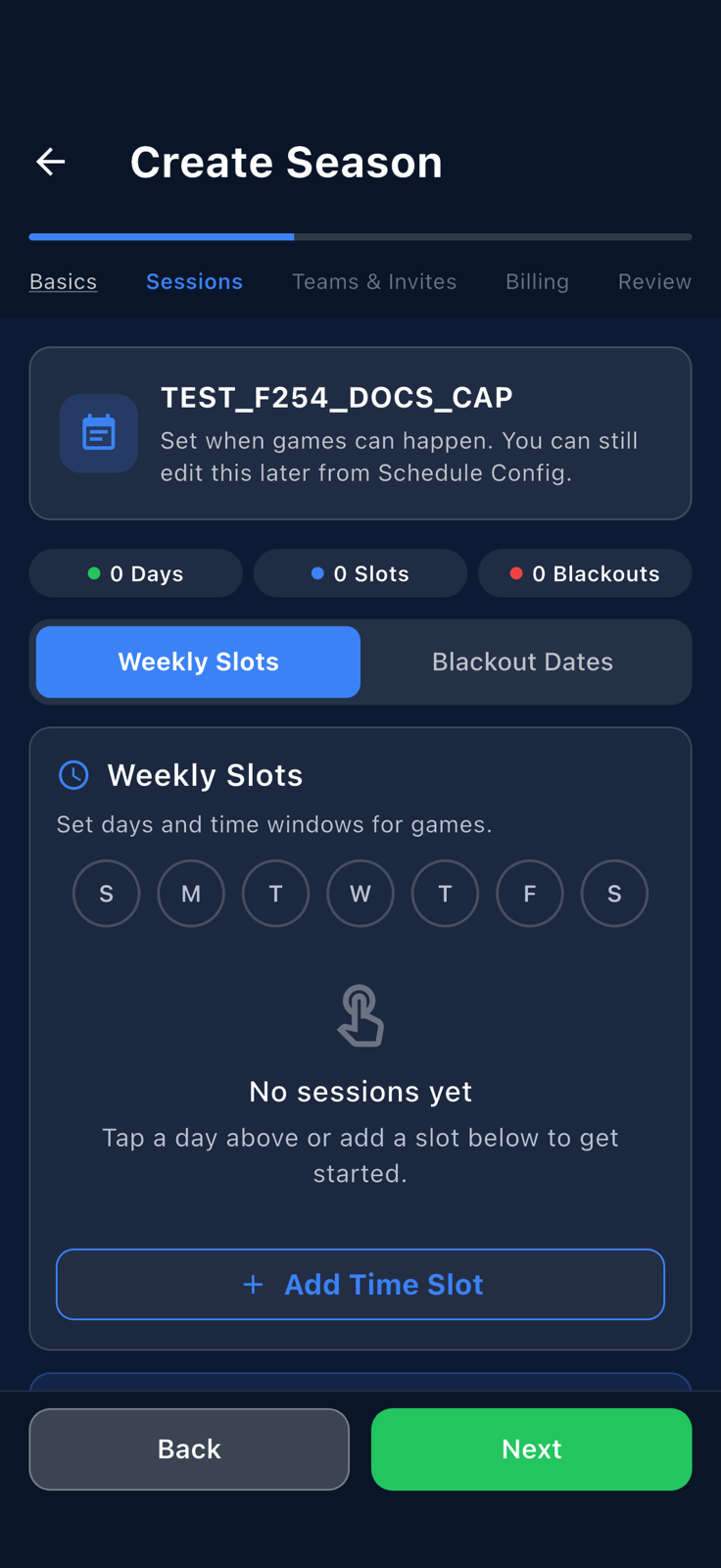Sessions step of the Create Season wizard