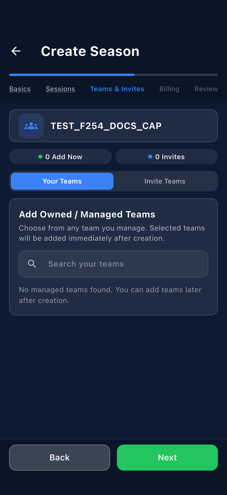 Teams and Invites step of the Create Season wizard