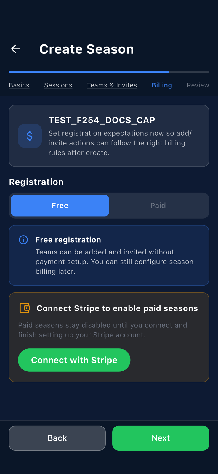 Billing step of the Create Season wizard with Free registration selected