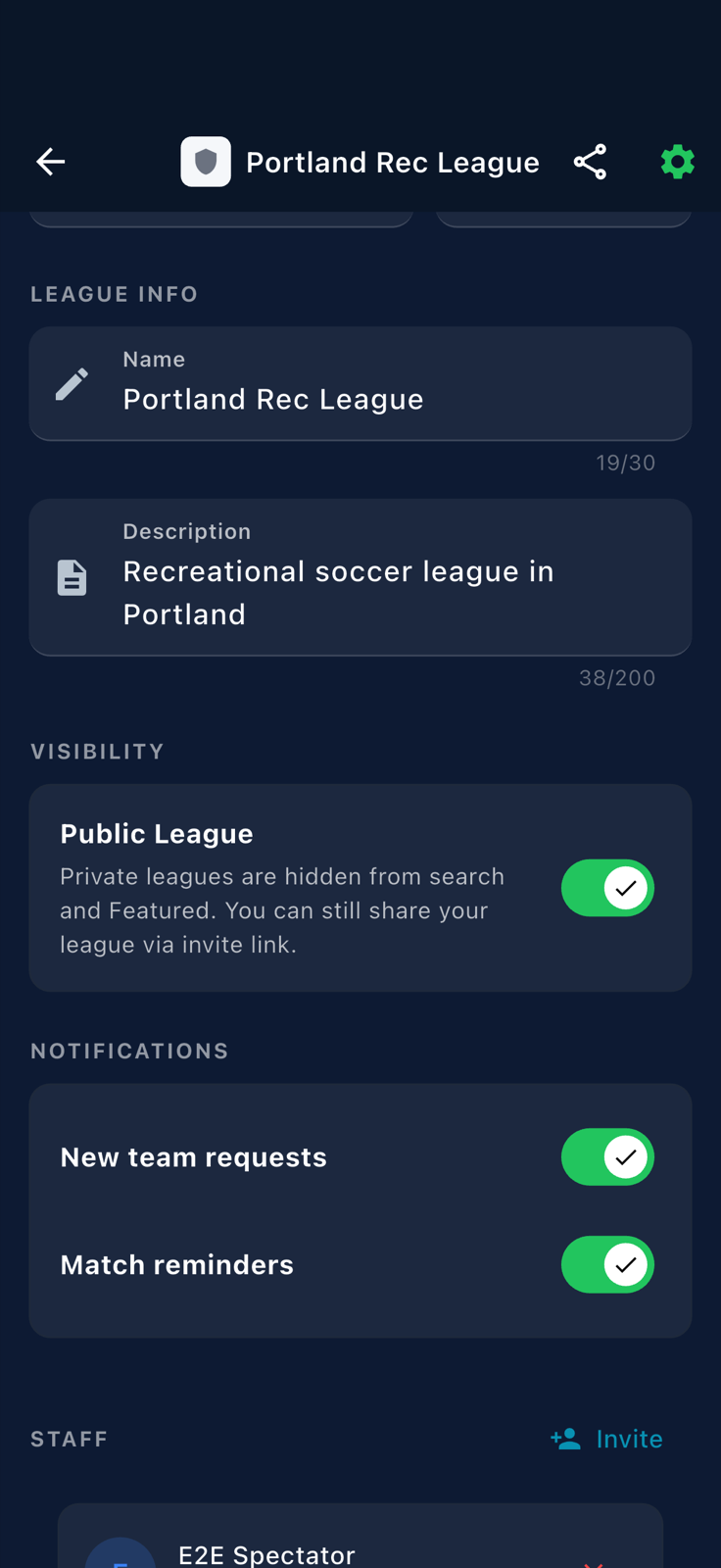 Manage League settings panel scrolled to the STAFF section with the Invite button visible