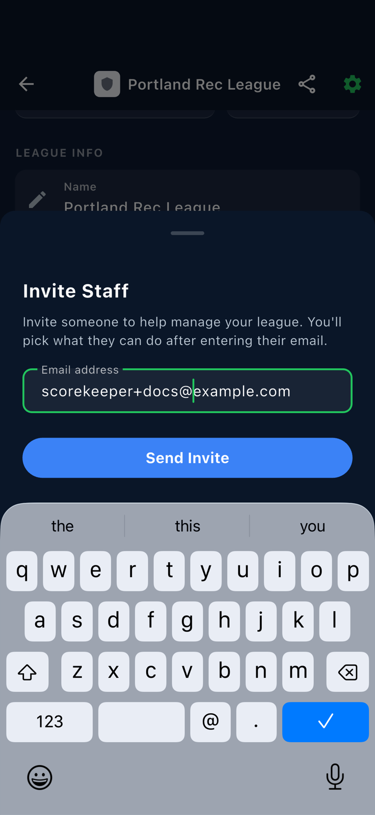 Invite Staff bottom sheet with an email typed into the Email address field