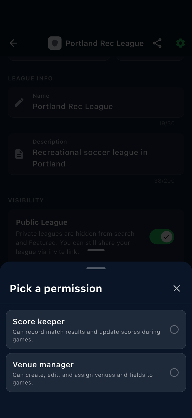 Pick a permission sheet showing Score keeper and Venue manager options