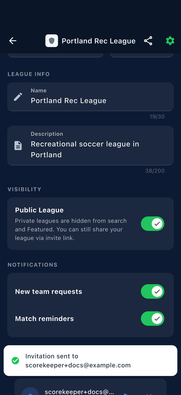 Settings page with success snackbar confirming Invitation sent