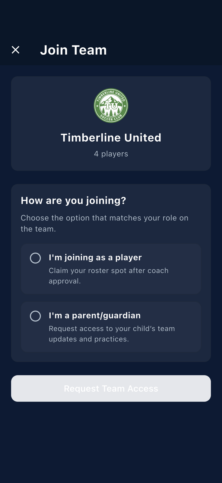 Join Team landing page with the two intent options