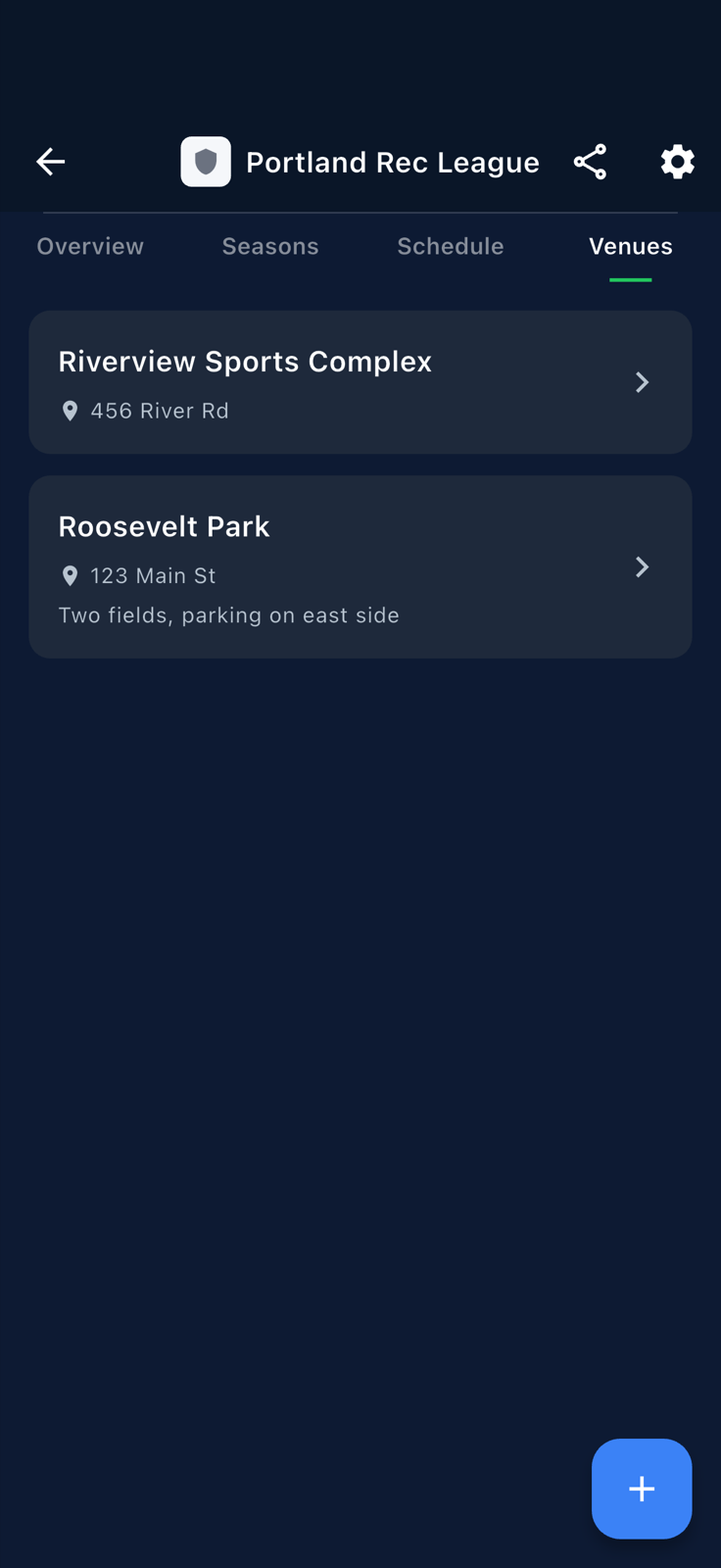 Venues list with the Add Venue button