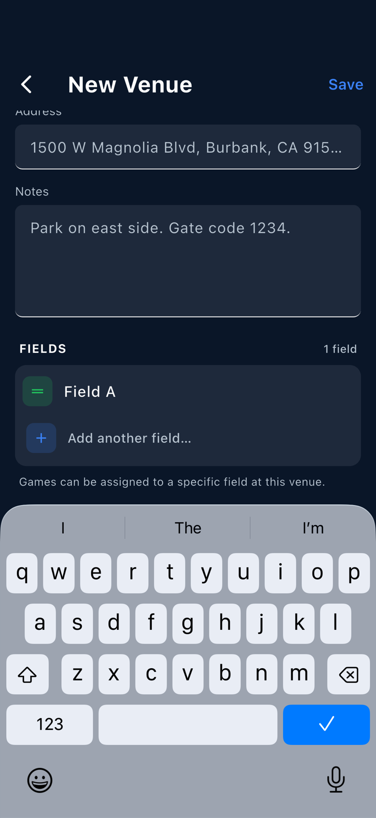 Create Venue form filled with a name and first field