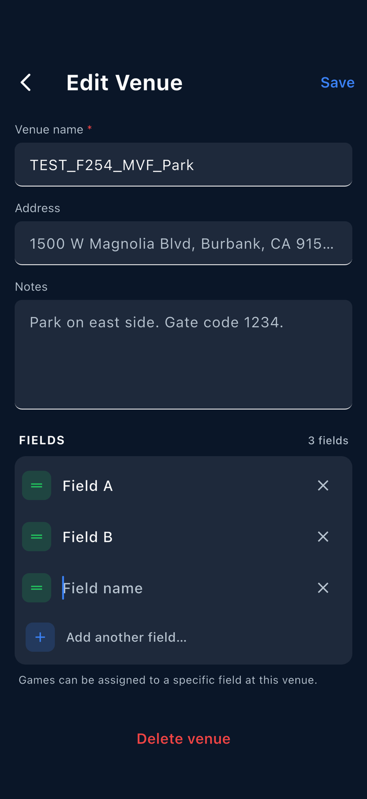 Edit Venue sheet with a second field being added