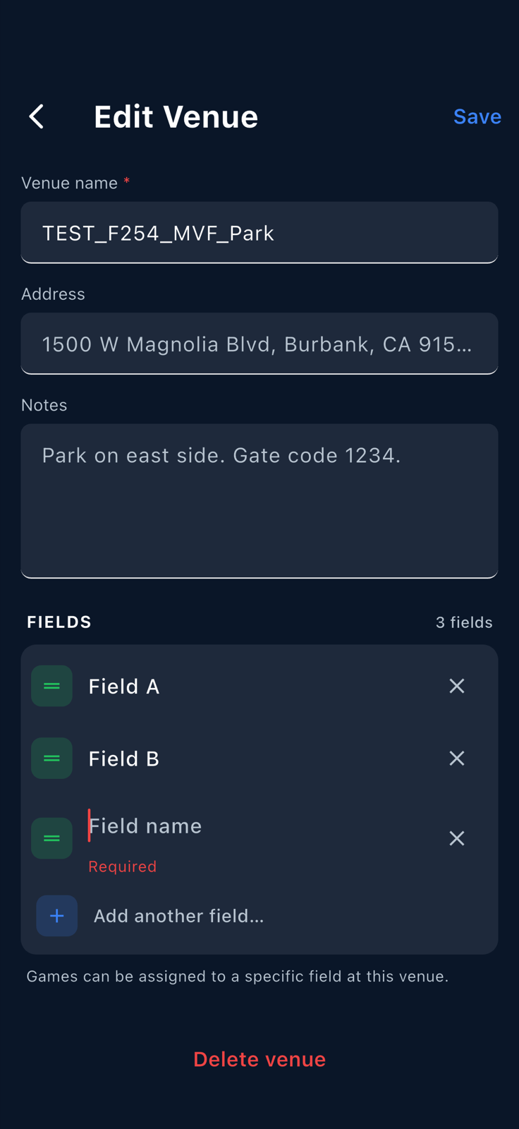 Edit Venue sheet showing the venue with two fields