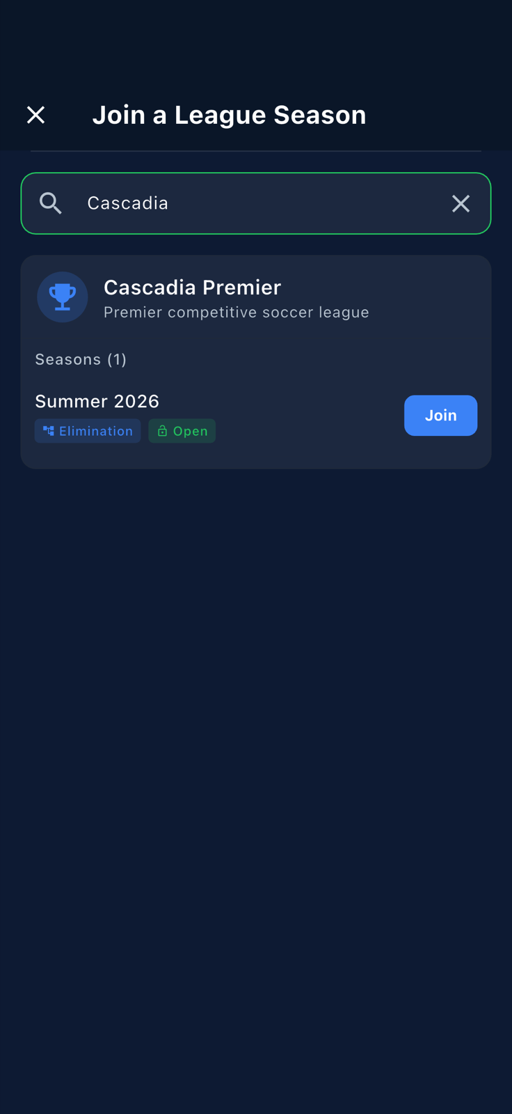 League card with the Join action visible next to a season
