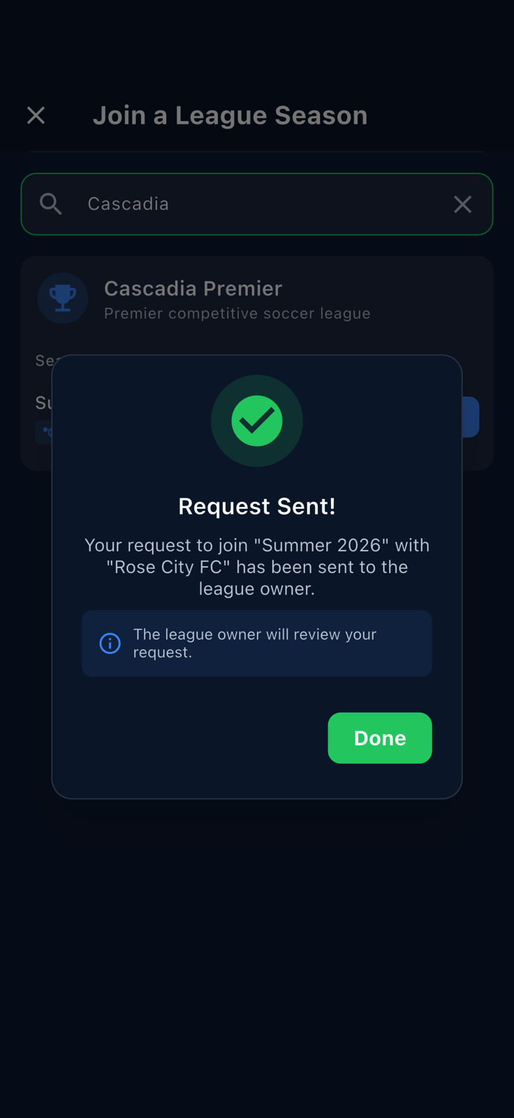 Request to Join dialog confirming the request was submitted
