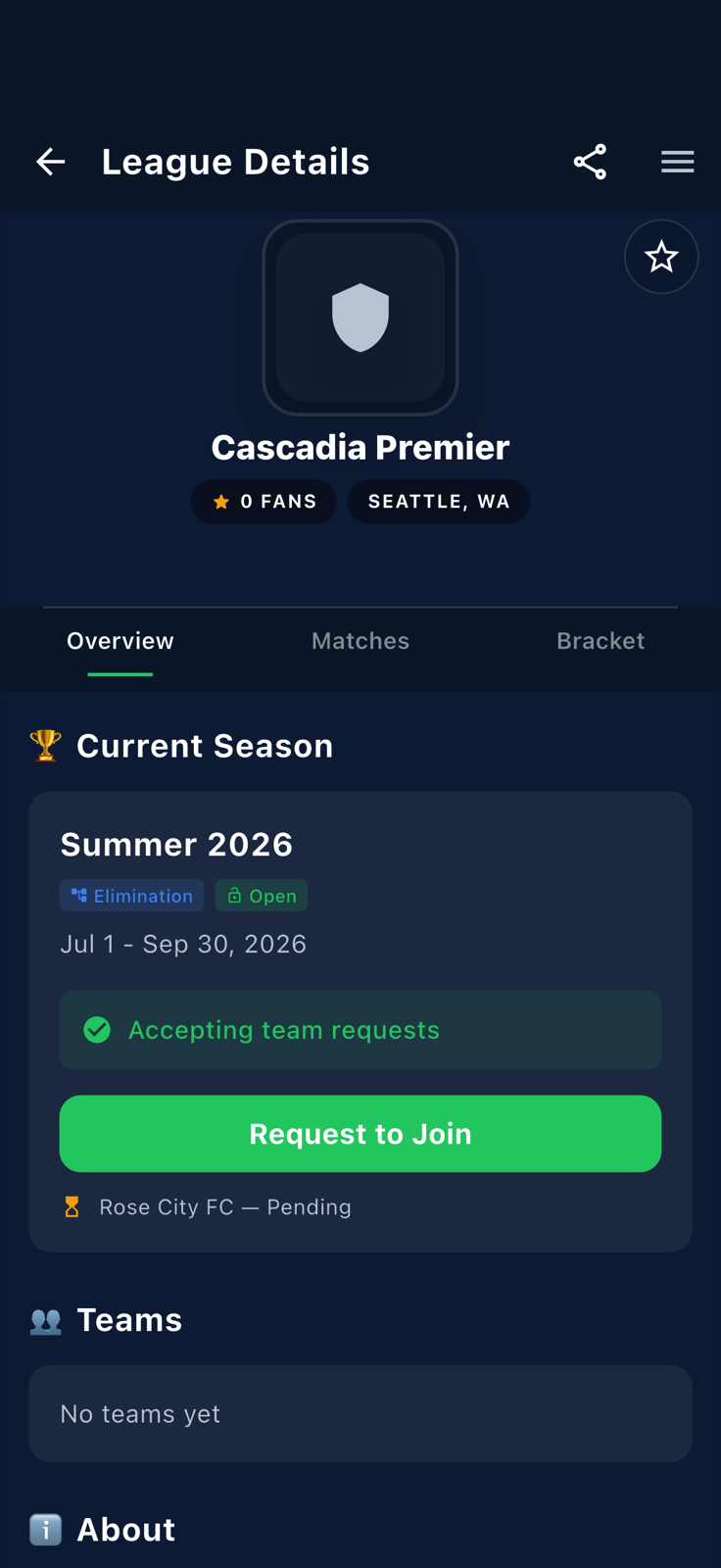 League detail page showing the team status as Pending under a season