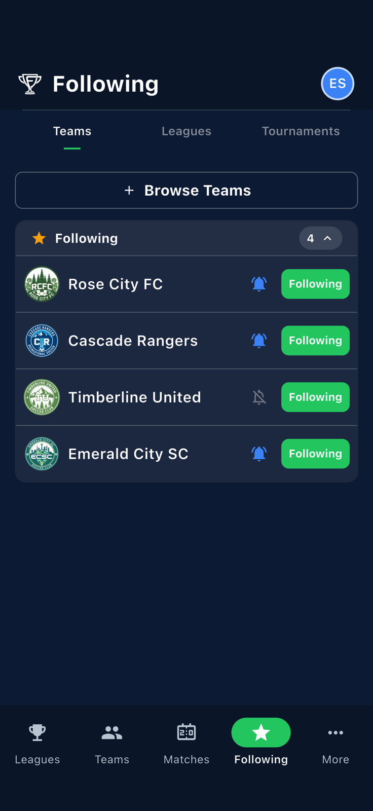 A specific team row, bell icon highlighting current state