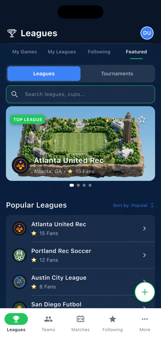 Fanager app featuring leagues with isometric stadium backgrounds
