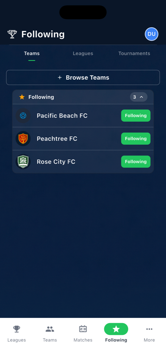 Following tab showing favorite teams
