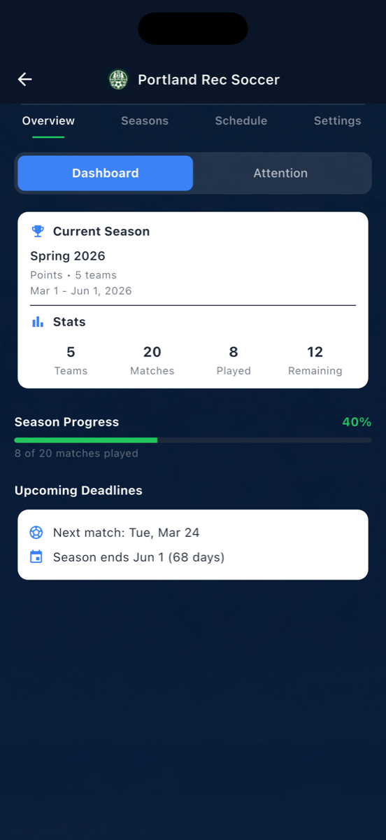 League owner dashboard with season stats