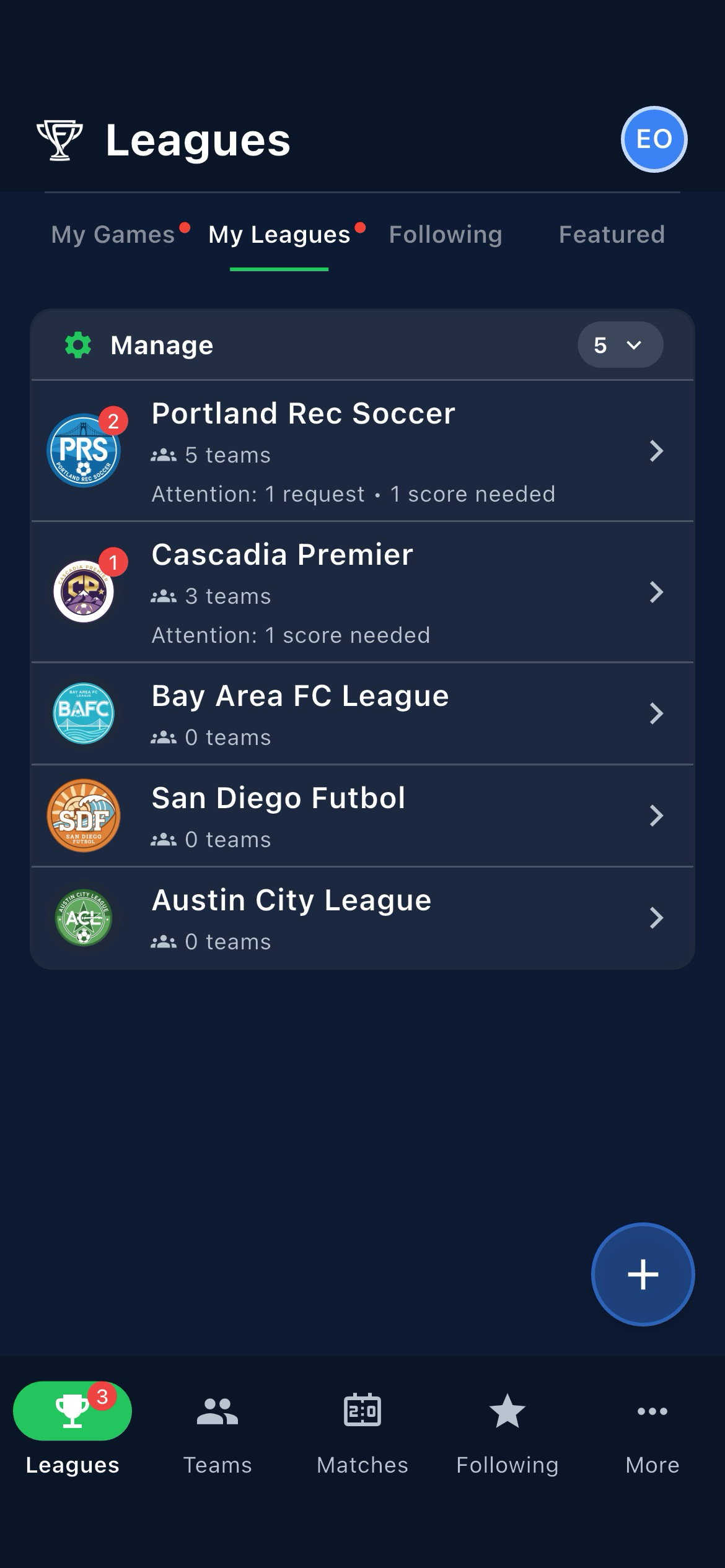 Fanager My Leagues screen showing followed leagues with live match cards
