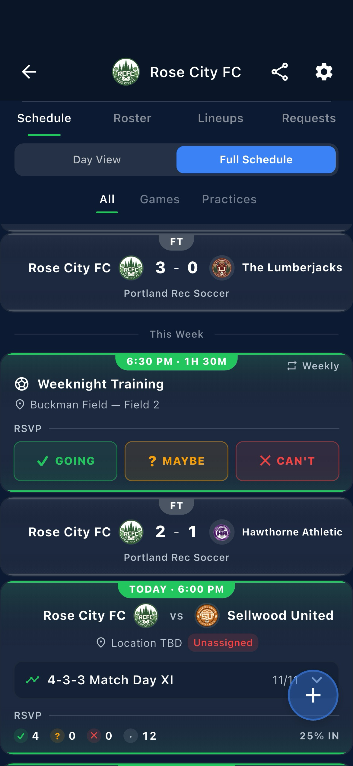 Auto-generated match schedule with dated fixtures
