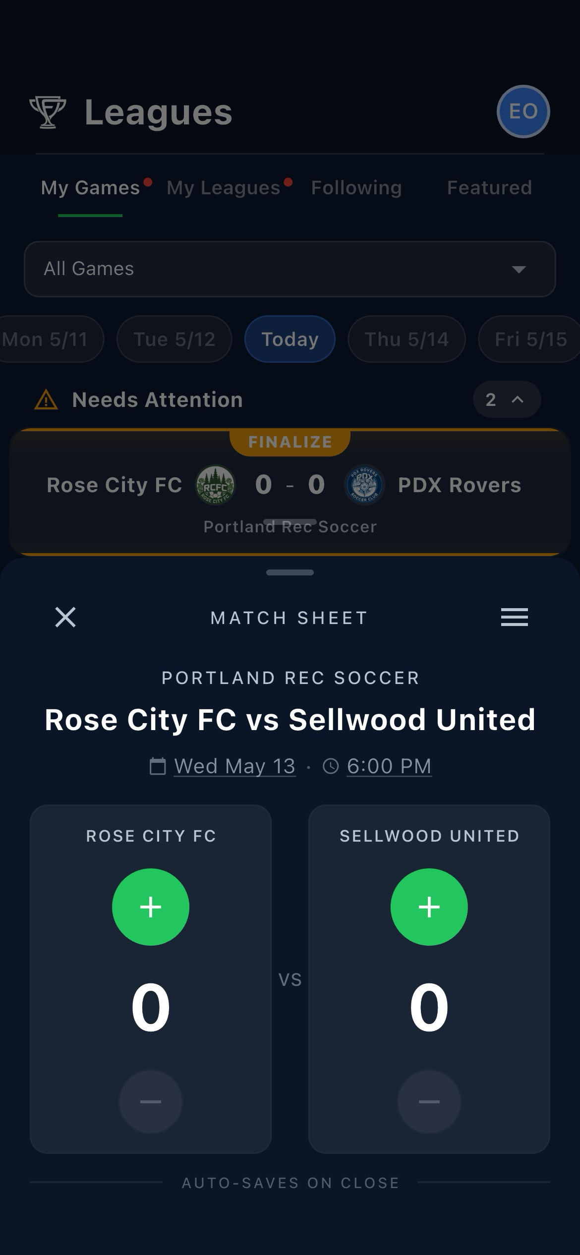 Match score-entry sheet