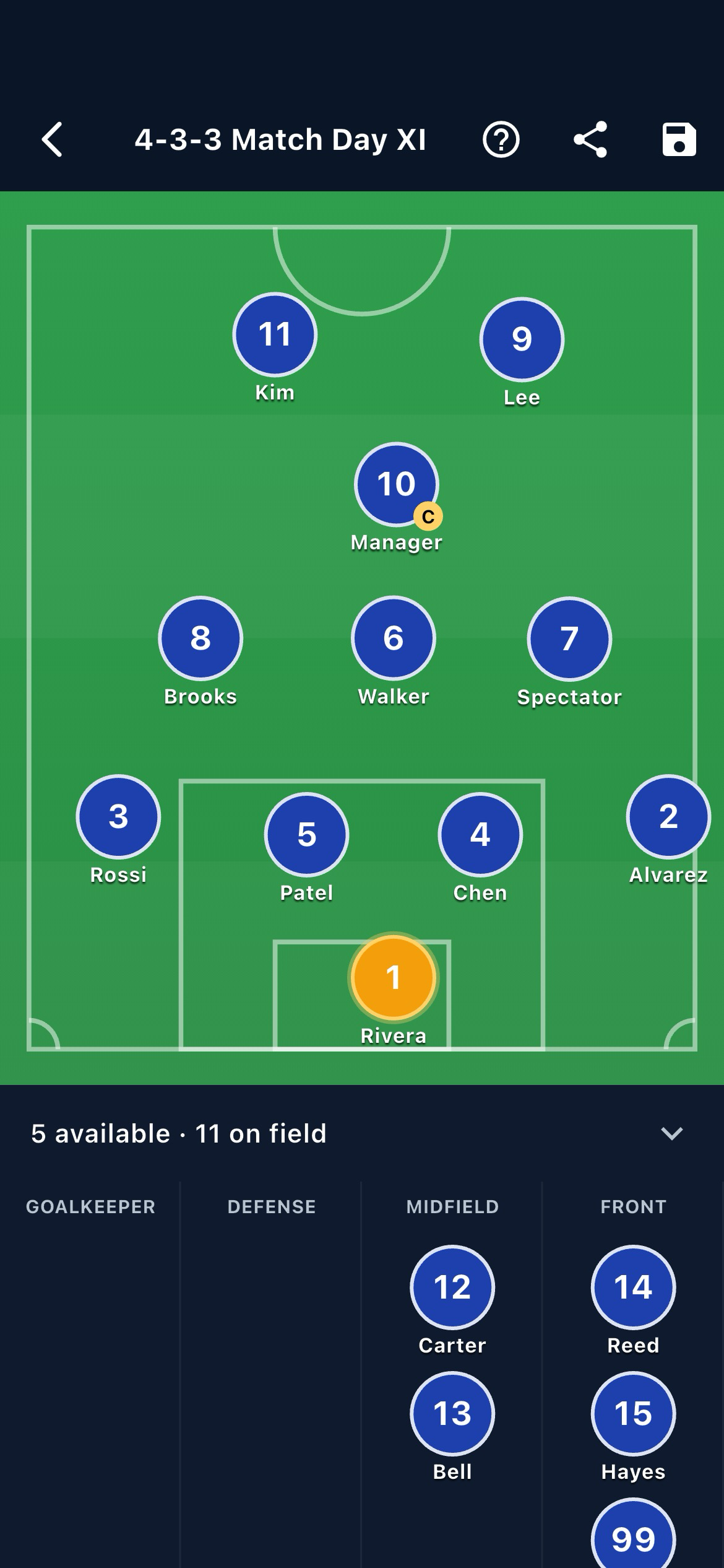 Lineup builder with players on a pitch and a captain
